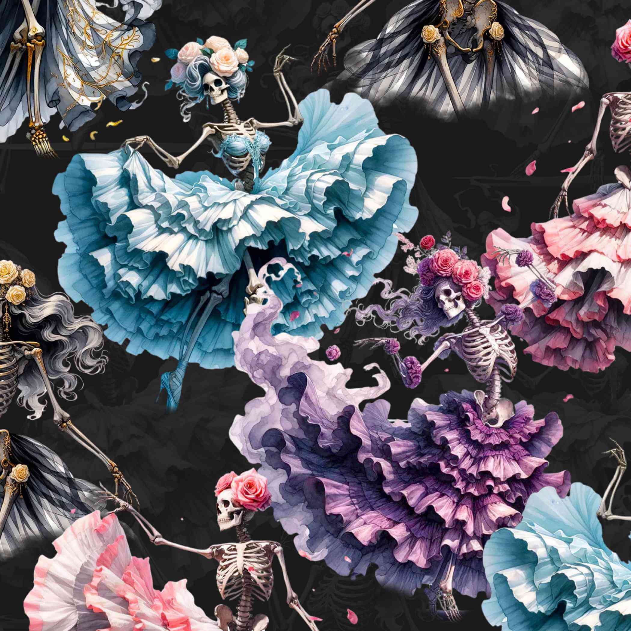 pattern of Danse Macabre Skull Leggings featuring skeletons dancing in gothic attire with muted grey and purple tones on a moody background.