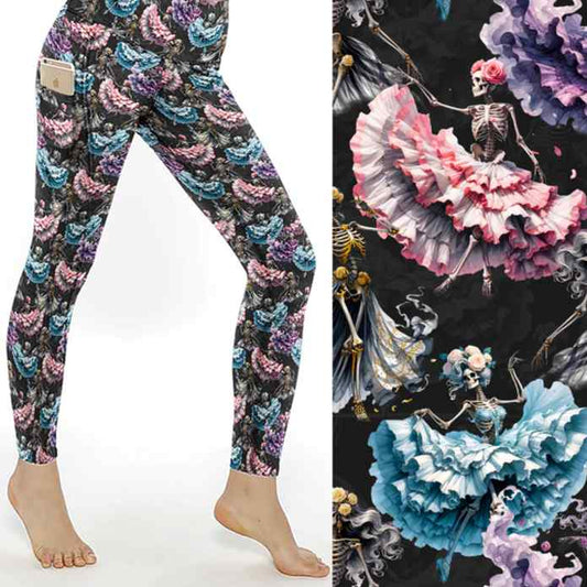 stock image of Danse Macabre Skull Leggings featuring skeletons dancing in gothic attire with muted grey and purple tones on a moody background.