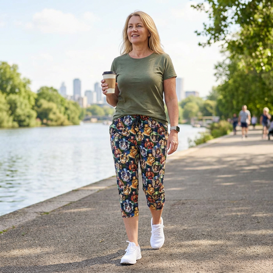 A woman walking on a park path by the water, wearing an olive green t-shirt and dark floral capri pants, holding a coffee cup.
