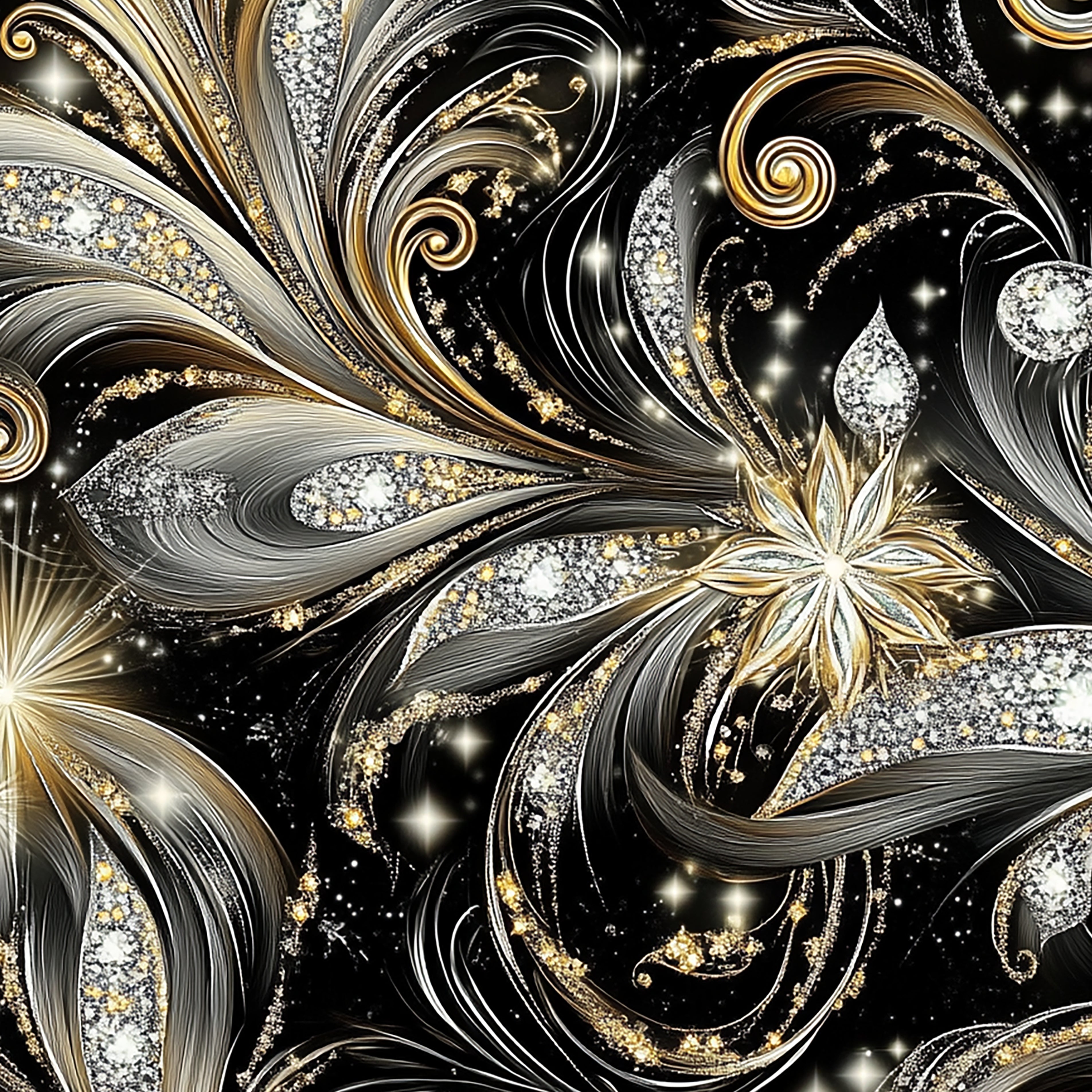 Elegant floral design with gold, silver, and black colors on a dark background