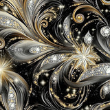 Elegant floral design with gold, silver, and black colors on a dark background