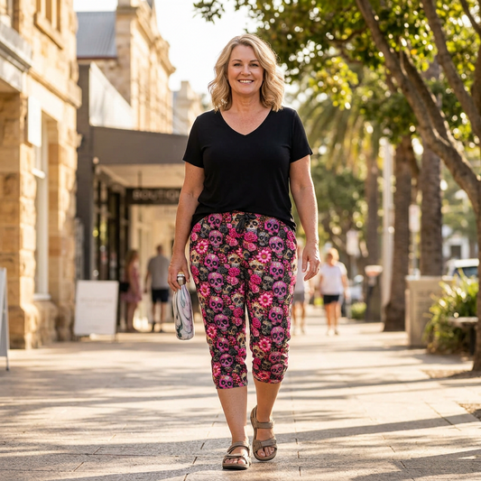 Dead Glamorous Skull Print Capri Joggers With Pockets
