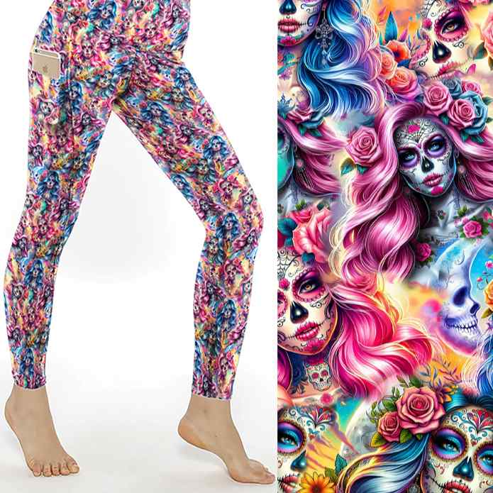 Dead Pretty La Catrina Full Length Leggings With Pockets by Nikki Whoops Boutique, shown with a close-up of the print.