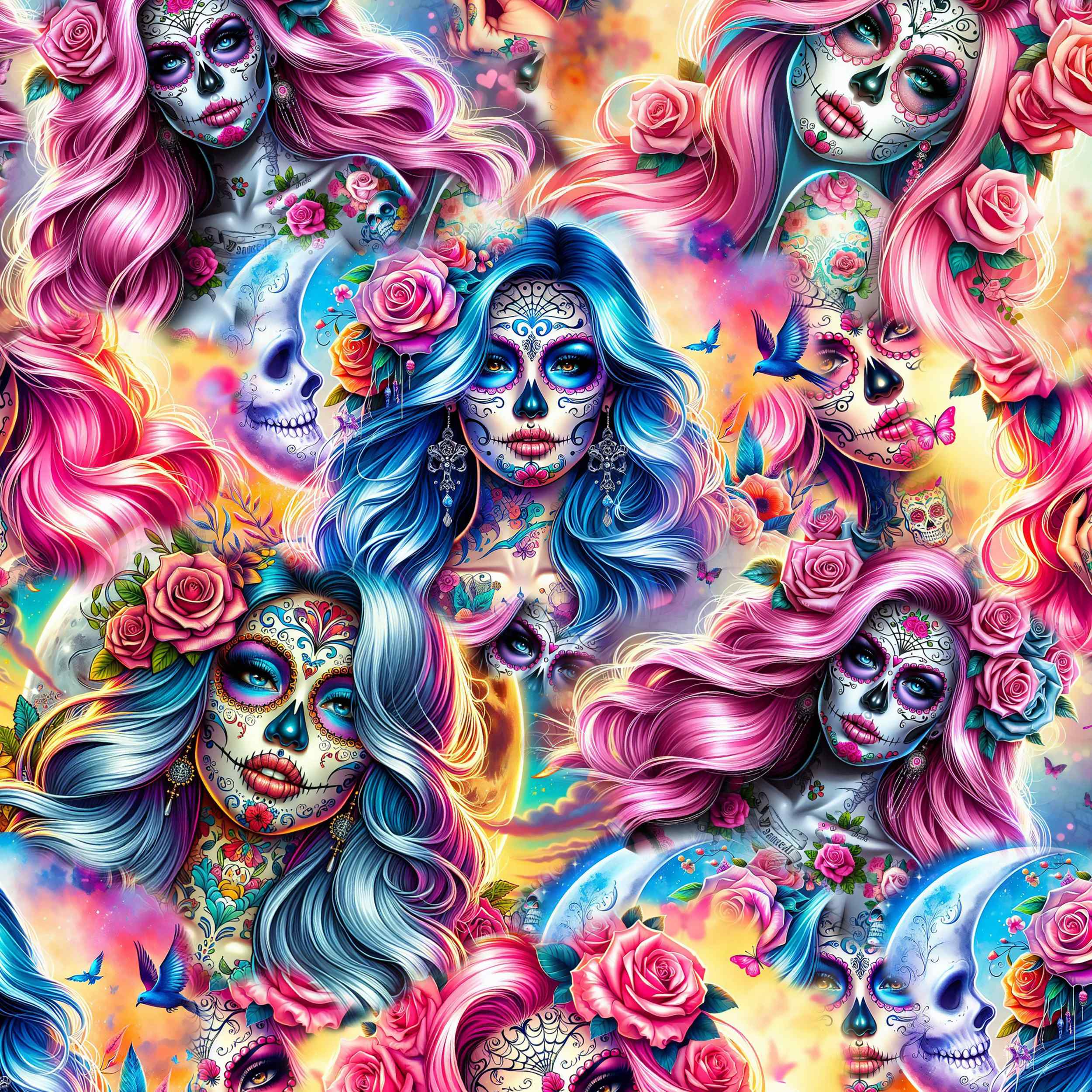 Close-up of the Dead Pretty La Catrina print pattern by Nikki Whoops Boutique.