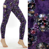 Purple leggings with ornate skull and rose pattern; close-up on right shows decorative floral accents.