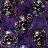 Ornate skull and rose pattern on dark purple background with gold accents, jewels, and floral designs.