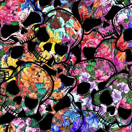 Colorful pattern of black skulls and flowers on a multicolored background