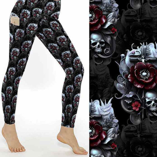 Black leggings with gothic red flowers, skulls and ornate silver detailing in a dark floral pattern