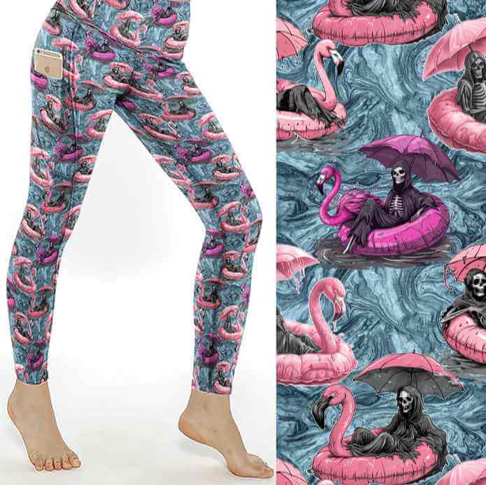 Leggings with a pattern of flamingos and skeletons on an abstract background.