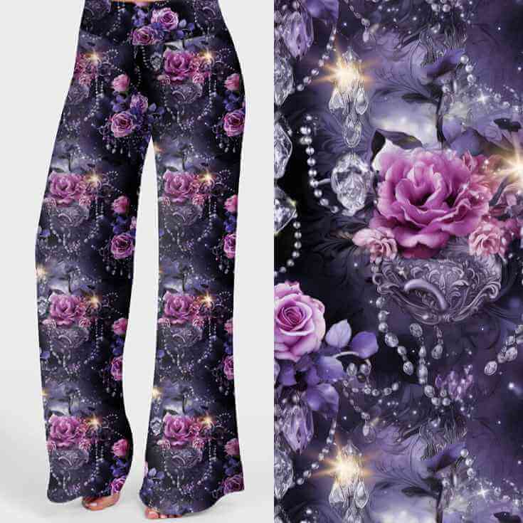 Diamonds and Pearls print lounge pants with purple roses, crystals and chandeliers on a deep violet background.