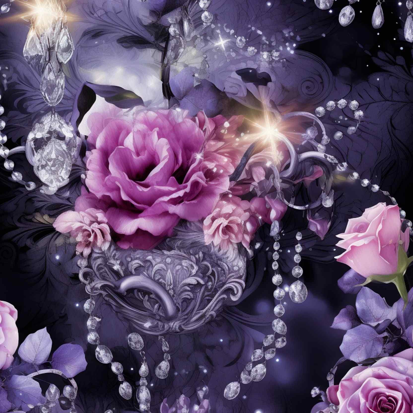 Purple floral design with roses, pearls, and crystal accents on a dark background, with glowing highlights.