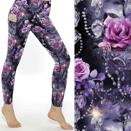 Leggings with purple rose, diamond, and pearl design on a dark background; close-up of details on the right.