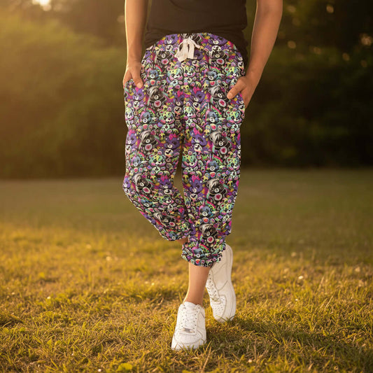 Person wearing colorful care bear capri jogger  pants outside in afternoon sunlight