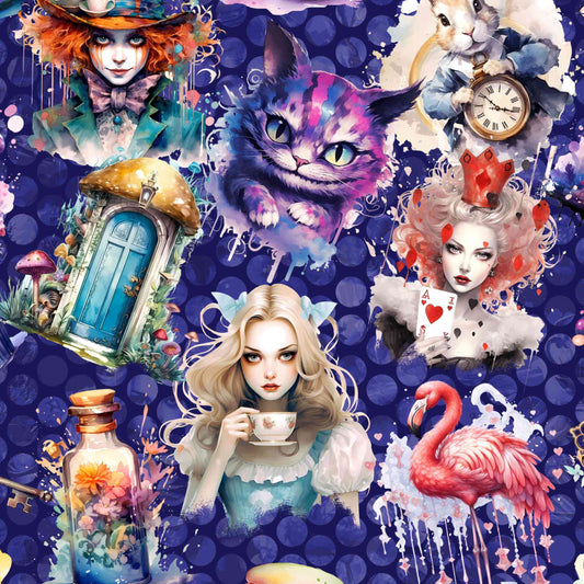 seamless pattern Full length jogger pants featuring an Alice in Wonderland theme. The design includes vibrant illustrations of Alice, the Mad Hatter, Cheshire Cat, teacups, mushrooms, potion bottles and macarons on a deep purple background.