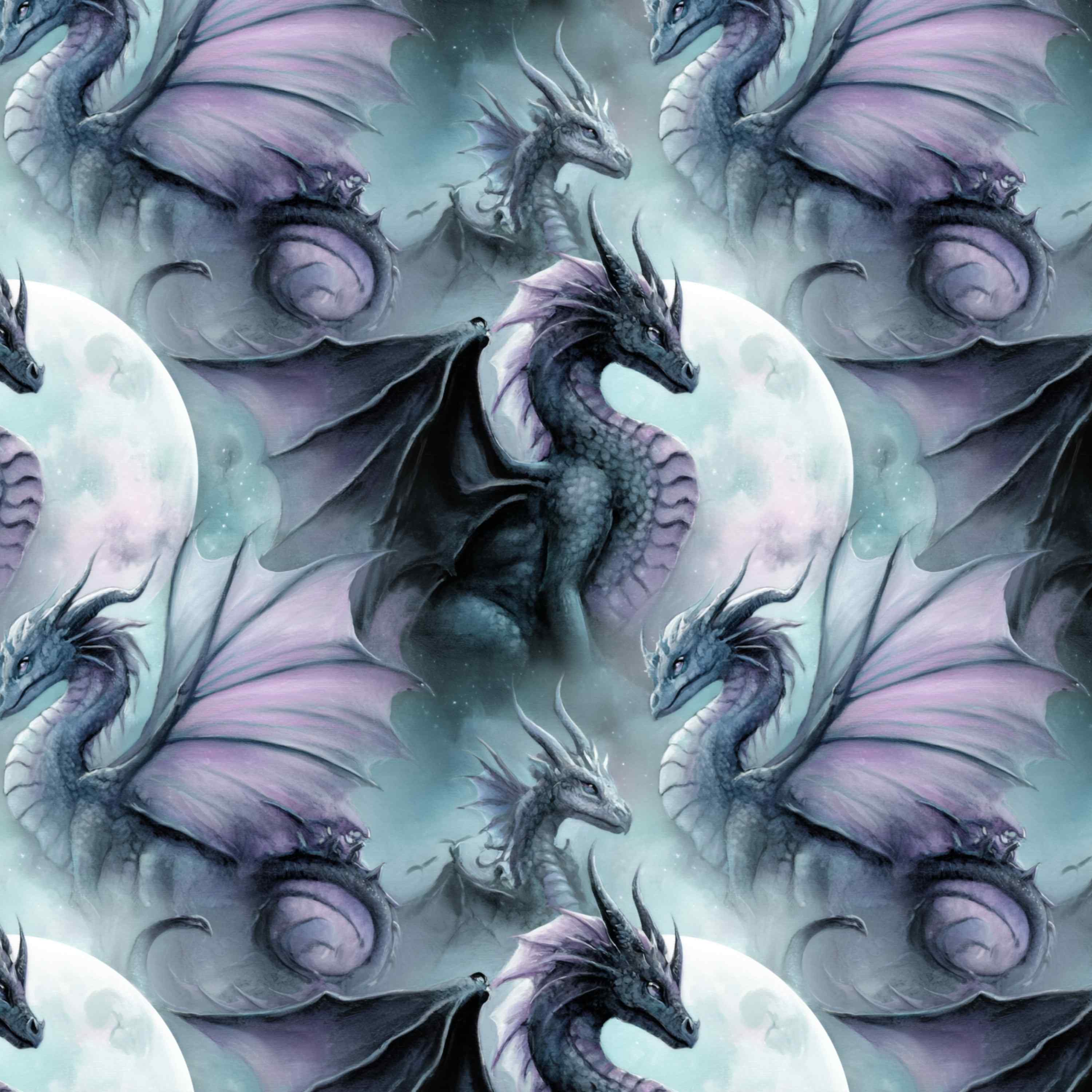 Pattern of dragons with purple and gray colors on a light blue background