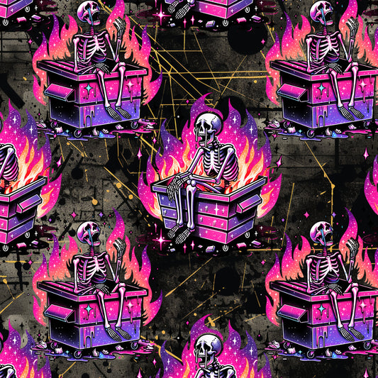 Pattern of skeletons on dumpster with flames and geometric shapes in a dark background