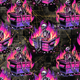 Pattern of skeletons on dumpster with flames and geometric shapes in a dark background