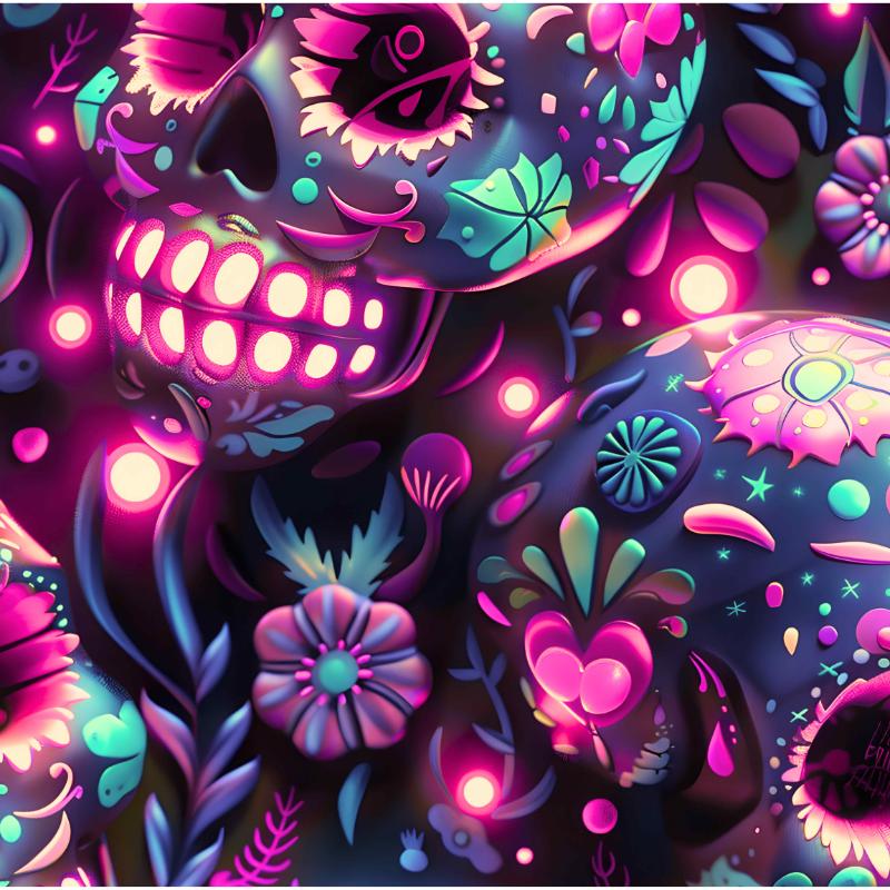 Cropped close-up of the Electric Dreams vibrant neon sugar skull print pattern.