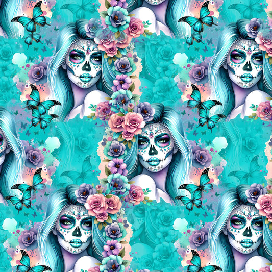 Cropped pattern of Ethereal Elegance Day of the Dead Full-Length Leggings featuring sugar skull women with flowing blue hair, surrounded by butterflies and roses on an aqua background.