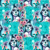 Cropped pattern of Ethereal Elegance Day of the Dead Full-Length Leggings featuring sugar skull women with flowing blue hair, surrounded by butterflies and roses on an aqua background.