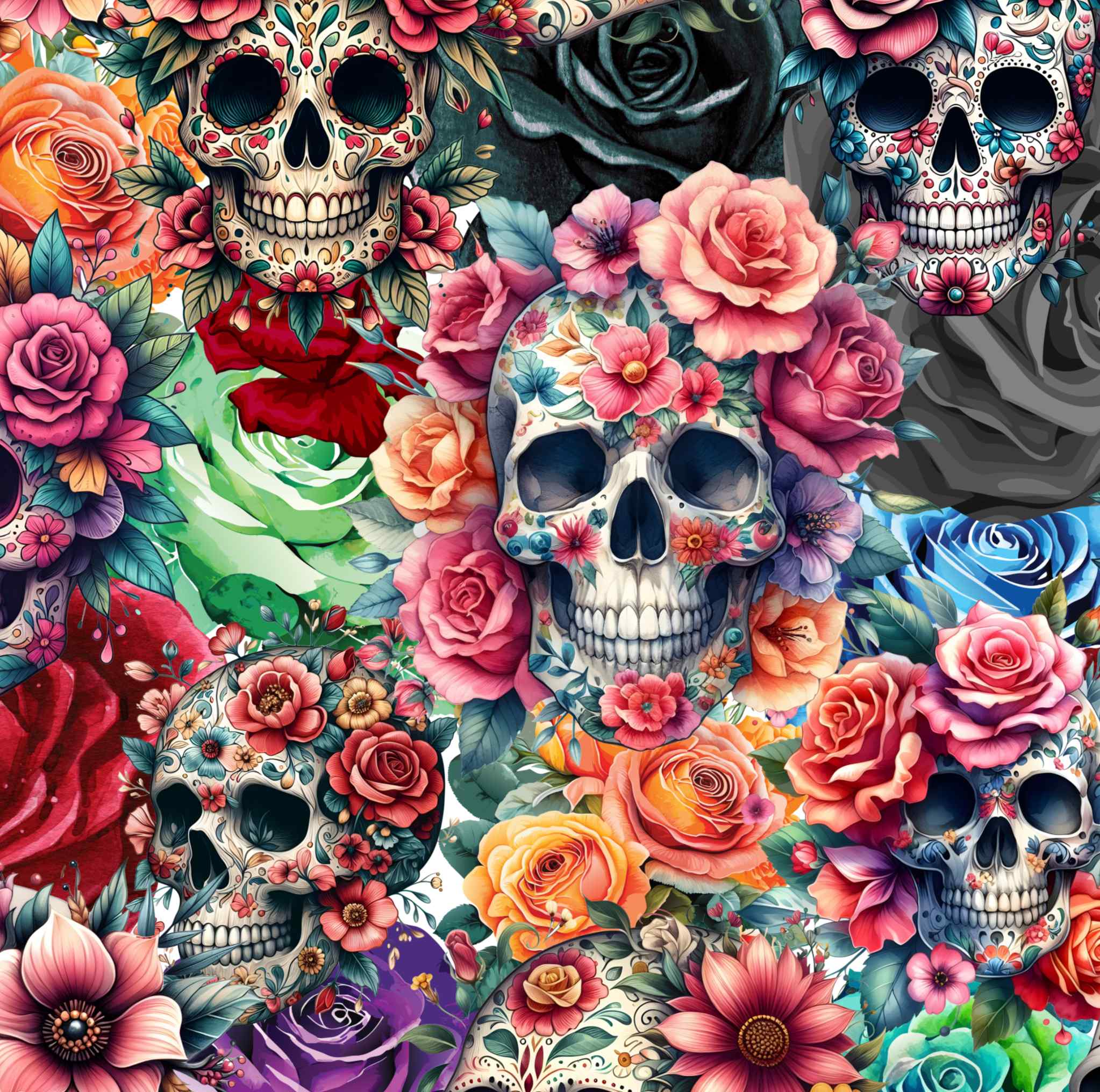 Cropped close-up of the Every Rose Has Its Thorns floral sugar skull print pattern.