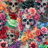 Cropped close-up of the Every Rose Has Its Thorns floral sugar skull print pattern.