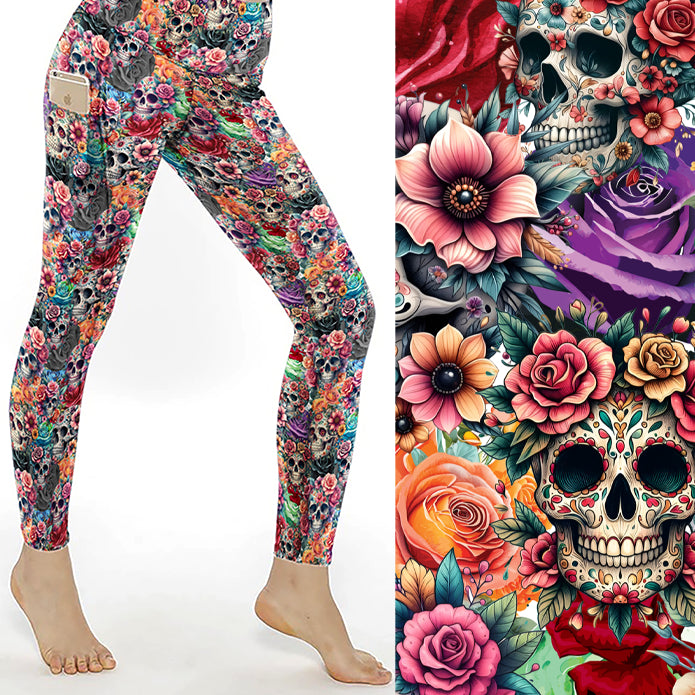 Every Rose Has Its Thorns Skull Print Leggings With Pockets featuring colourful floral sugar skulls and vibrant roses on buttery-soft full-length leggings with side pockets.