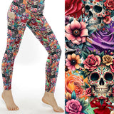 Every Rose Has Its Thorns Skull Print Leggings With Pockets featuring colourful floral sugar skulls and vibrant roses on buttery-soft full-length leggings with side pockets.