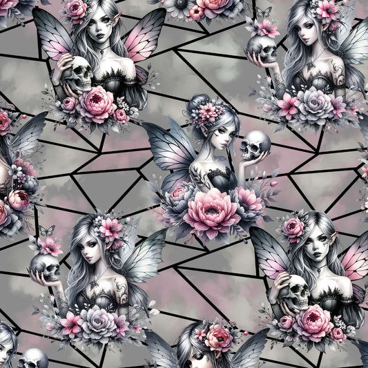 Fairy Gothmother Skull full length grey Pattern of fairies with floral and skull elements on a geometric background by Nikki Whoops Boutique.