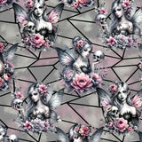 Fairy Gothmother Skull full length grey Pattern of fairies with floral and skull elements on a geometric background by Nikki Whoops Boutique.