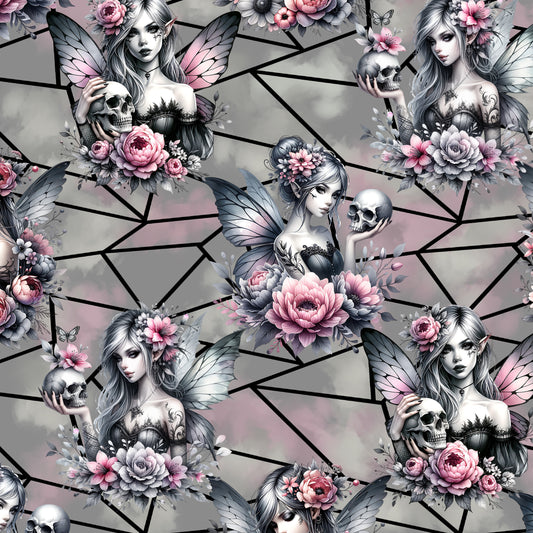 Pattern of fairies with floral and skull elements on a geometric background