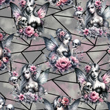 Pattern of fairies with floral and skull elements on a geometric background