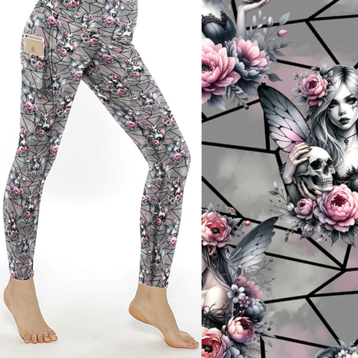 Grey leggings with pink flowers, gothic fairy art, and skull designs on a geometric background.
