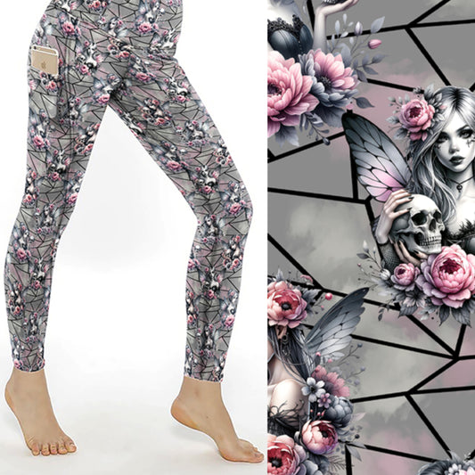 Grey leggings with pink flowers, gothic fairy art, and skull designs on a geometric background.