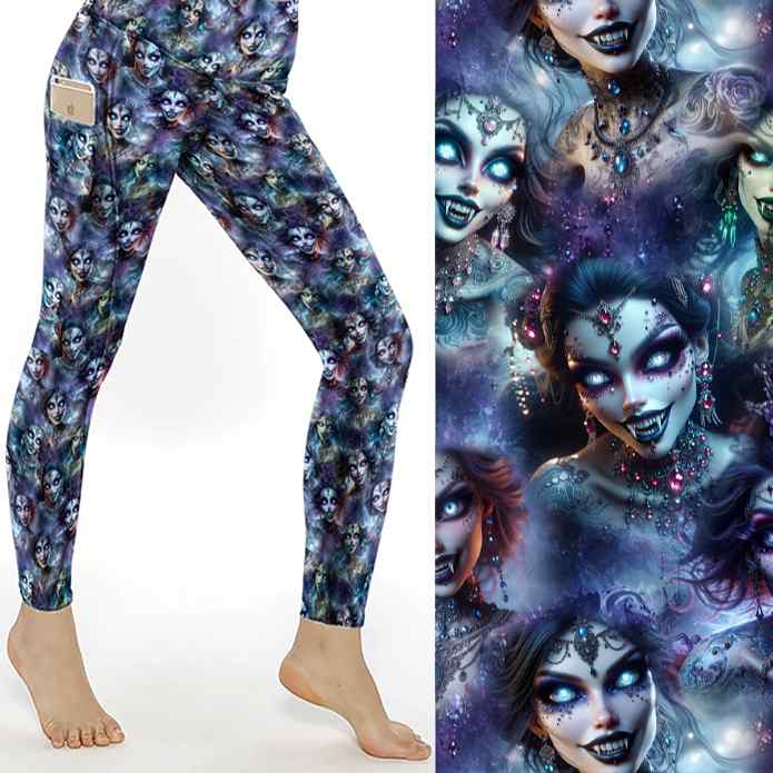 Fangs for the Memories Vampire Full Length Leggings With Pockets by Nikki Whoops Boutique, shown with a close-up of the print.