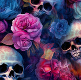 Cropped close-up of the Fatal Floral ivory skull and floral print pattern.