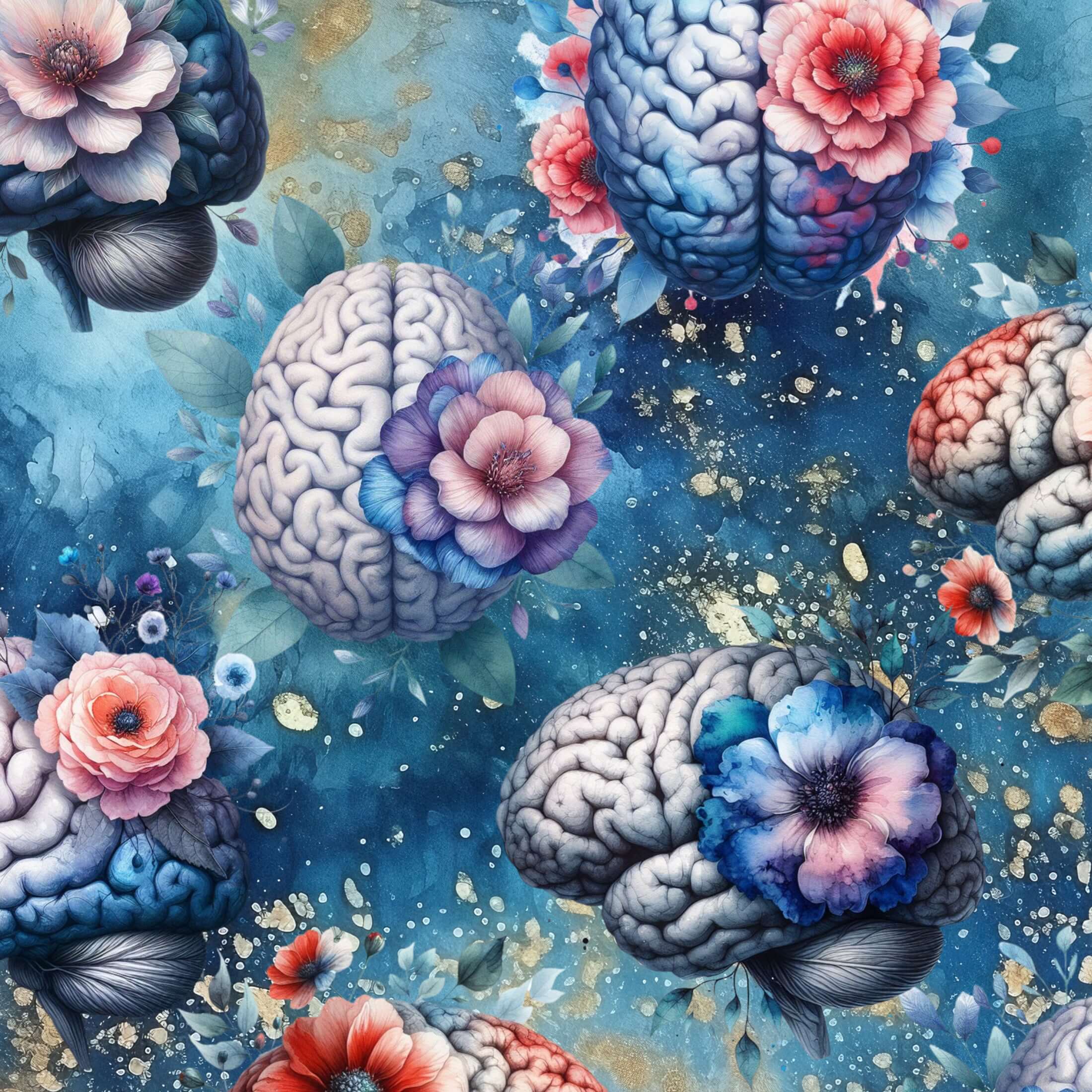 Illustration of brains and flowers on a blue background