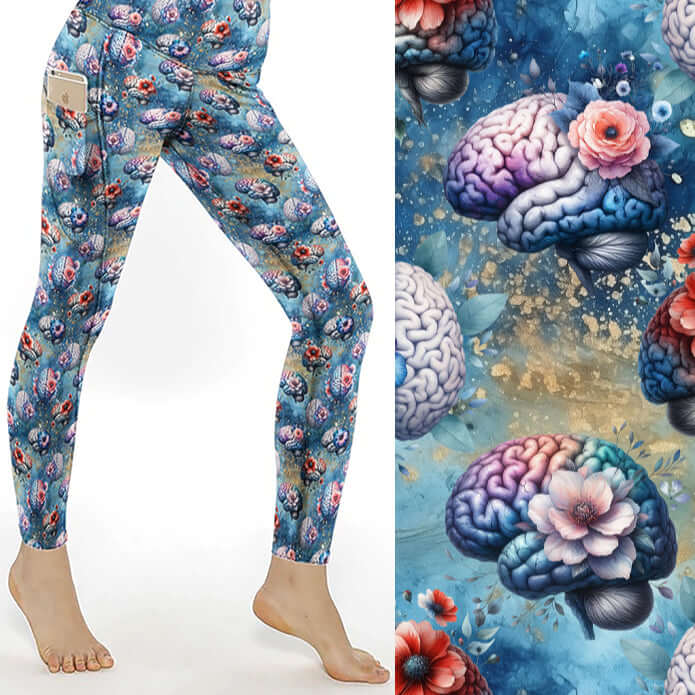 Blue floral brain print leggings with anatomical design