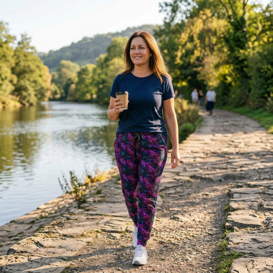 A woman walking along a stone path beside a river, wearing a navy blue t-shirt and purple floral jogger pants, holding a coffee cup.