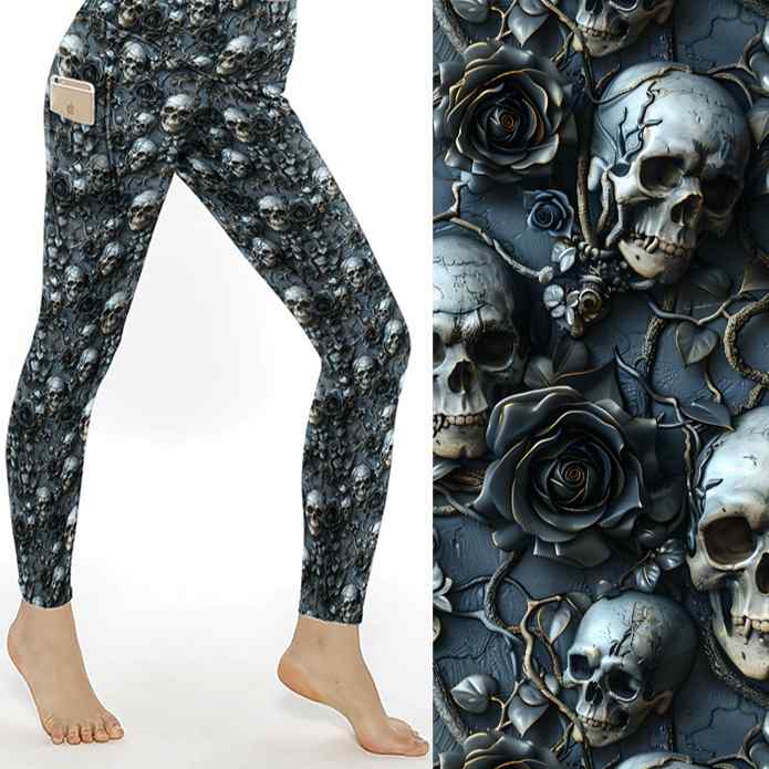 Garden of the Damned Skull Full Length Leggings With Pockets by Nikki Whoops Boutique, shown with a close-up of the print.