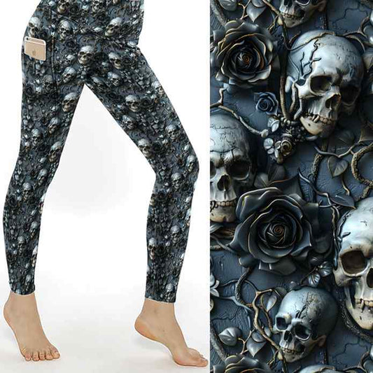 Garden of the Damned Skull Full Length Leggings With Pockets by Nikki Whoops Boutique, shown with a close-up of the print.