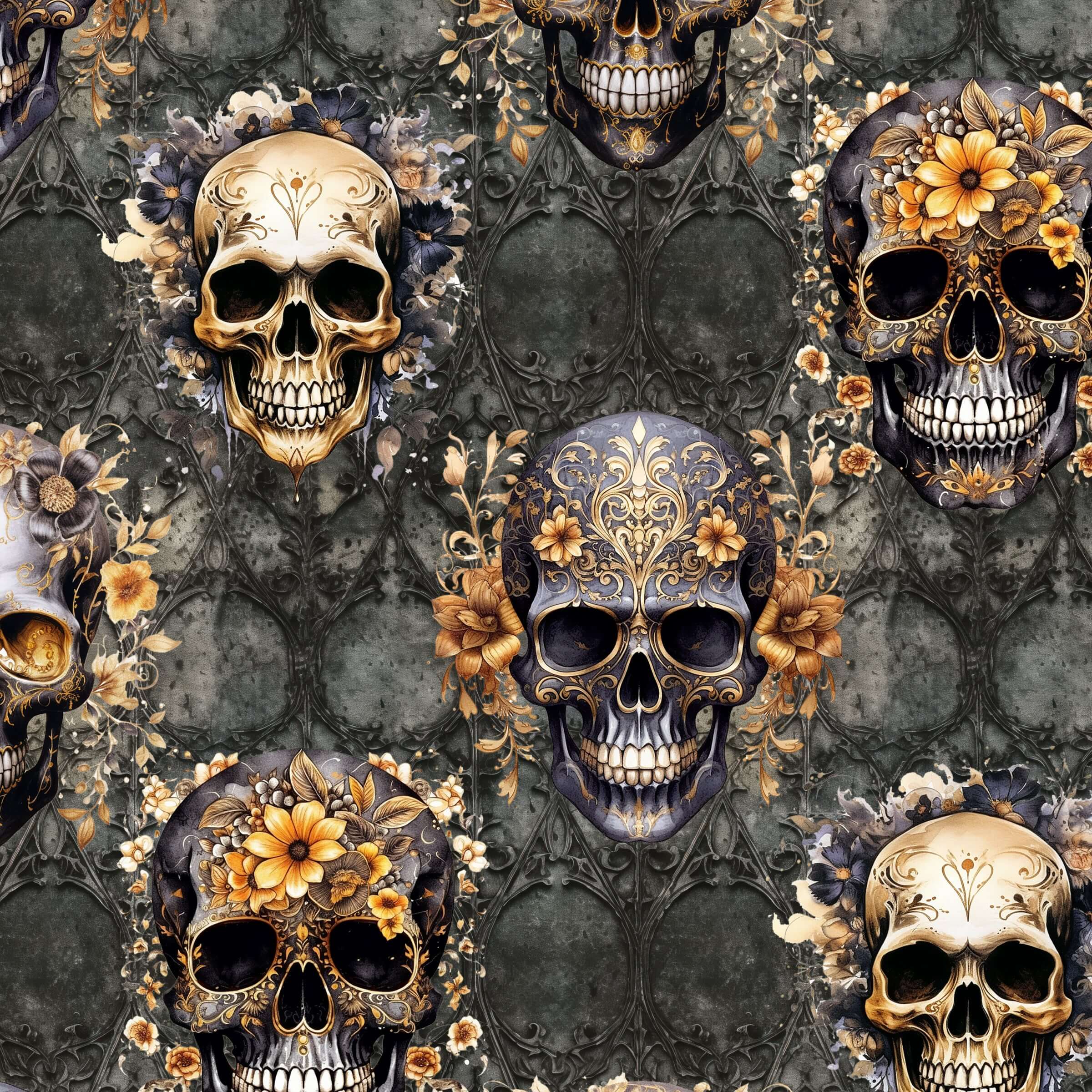 pattern of Gilded Grunge Skull Leggings featuring gold-detailed skulls with intricate filigree and floral embellishments on a grunge-inspired dark background.