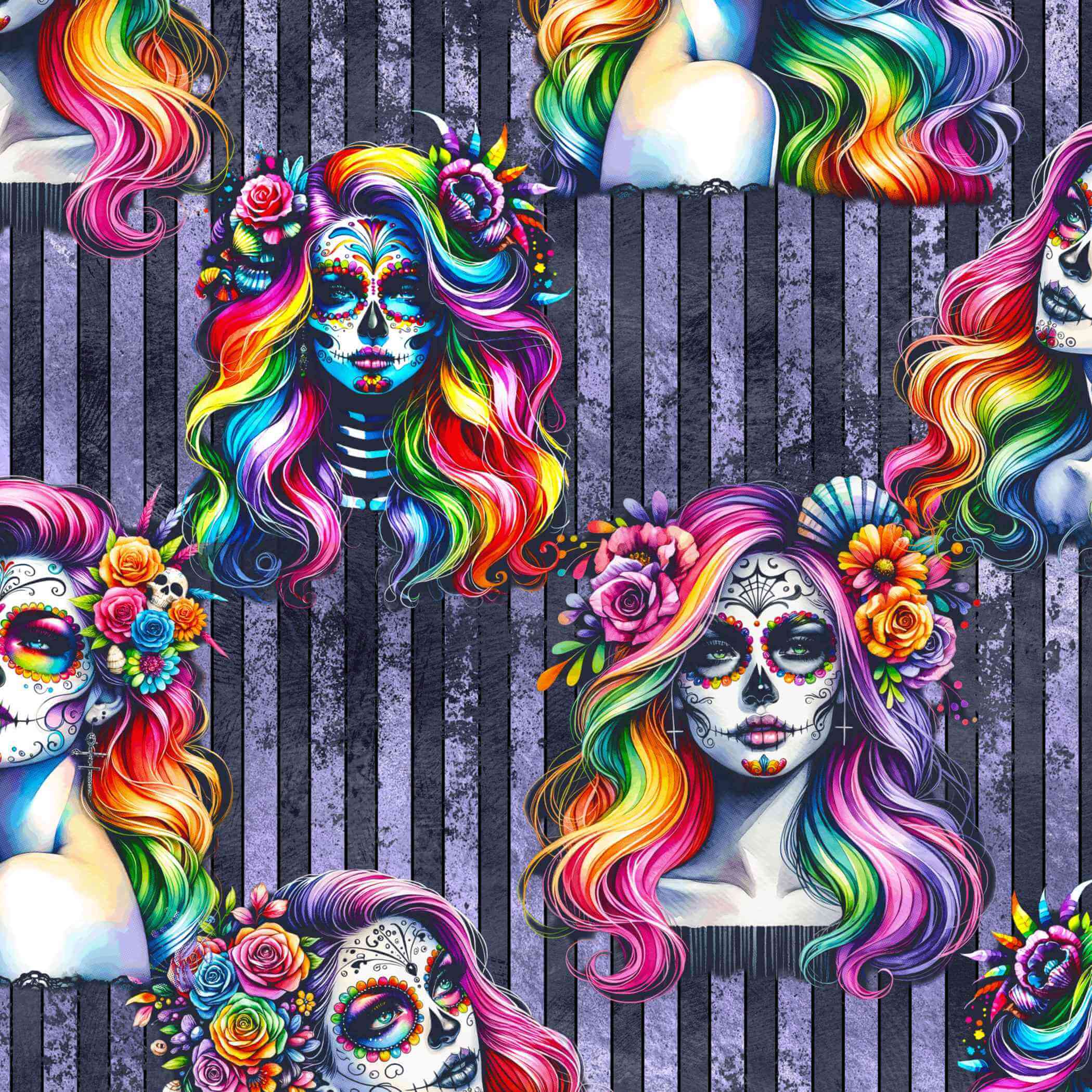 pattern of Rainbow calavera leggings featuring a girl with flowing multicoloured hair and sugar skull face paint on a vibrant background.