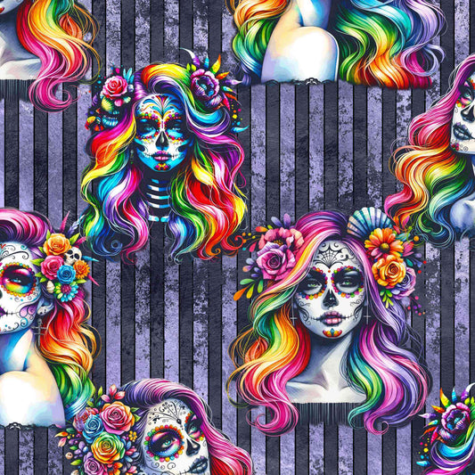 pattern of Rainbow calavera leggings featuring a girl with flowing multicoloured hair and sugar skull face paint on a vibrant background.