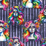 pattern of Rainbow calavera leggings featuring a girl with flowing multicoloured hair and sugar skull face paint on a vibrant background.
