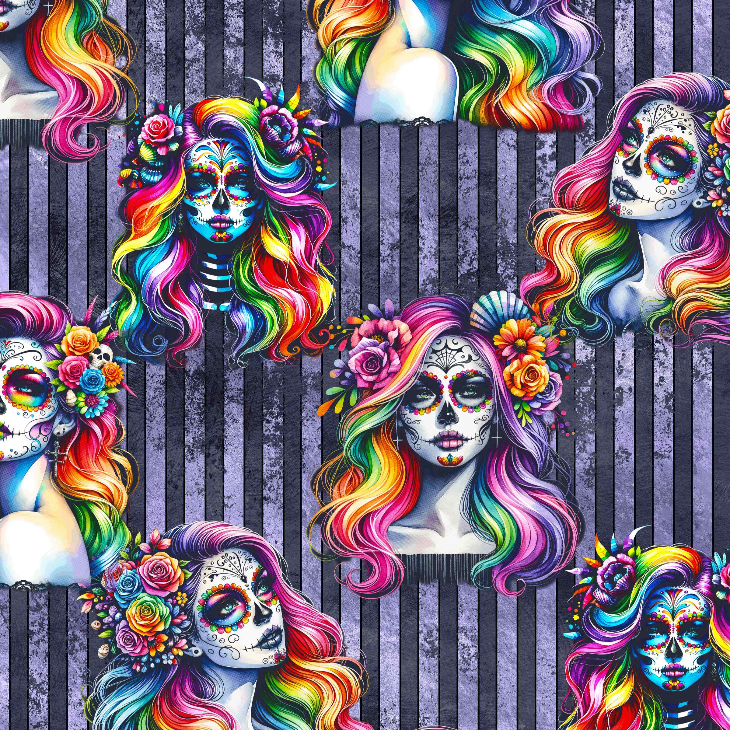 Girl With Kaleidoscope Hair pattern. La Catrina images with vibrant rainbow coloured hair on a grungy purple striped background.