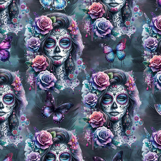 pattern of Gothic leggings featuring La Catrina with floral headpieces and sugar skull face paint in rich jewel tones on a dark background.