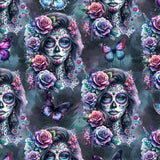 pattern of Gothic leggings featuring La Catrina with floral headpieces and sugar skull face paint in rich jewel tones on a dark background.