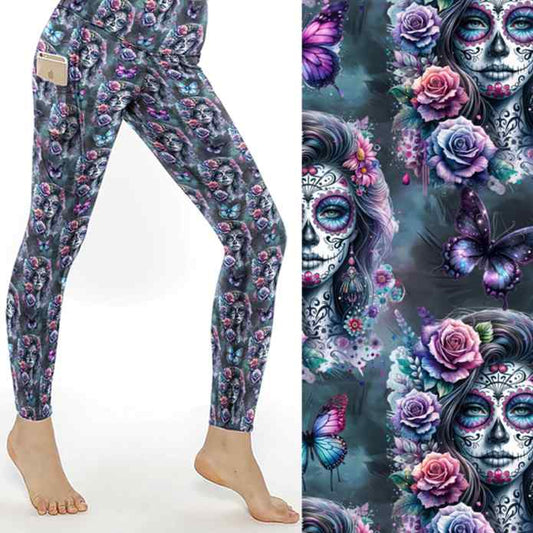Gothic leggings featuring La Catrina with floral headpieces and sugar skull face paint in rich jewel tones on a dark background.