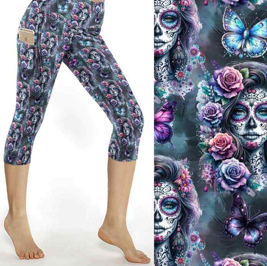 Gothic Glamour capri leggings. Elegant La Catrina images in grey blue tones. Pink and purple roses in her hair, surrounded by flowers and butterflies.